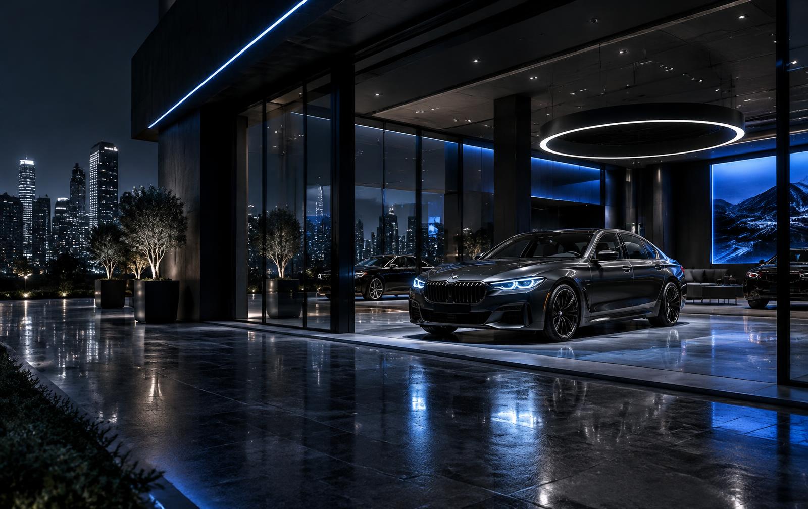 Modern dealership showroom at night